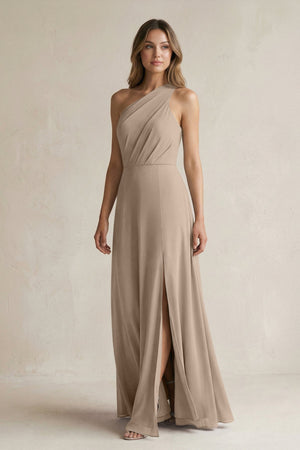 Almond One-Shoulder Chiffon A-Line Bridesmaid Dress With Slit | KISSBRIDAL