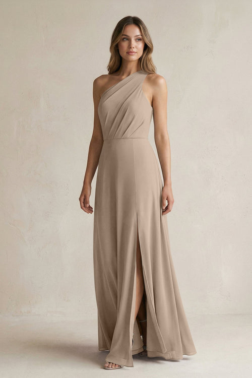 Almond One-Shoulder Chiffon A-Line Bridesmaid Dress With Slit | KISSBRIDAL
