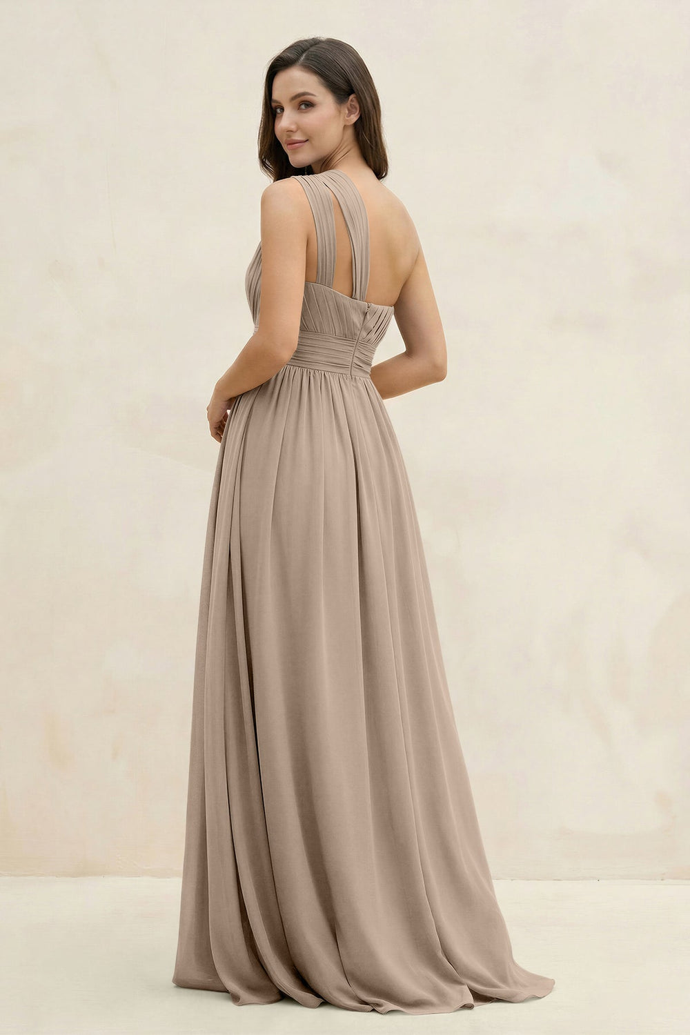 One-Shoulder Pleated A-Line Chiffon Bridesmaid Dress in Almond