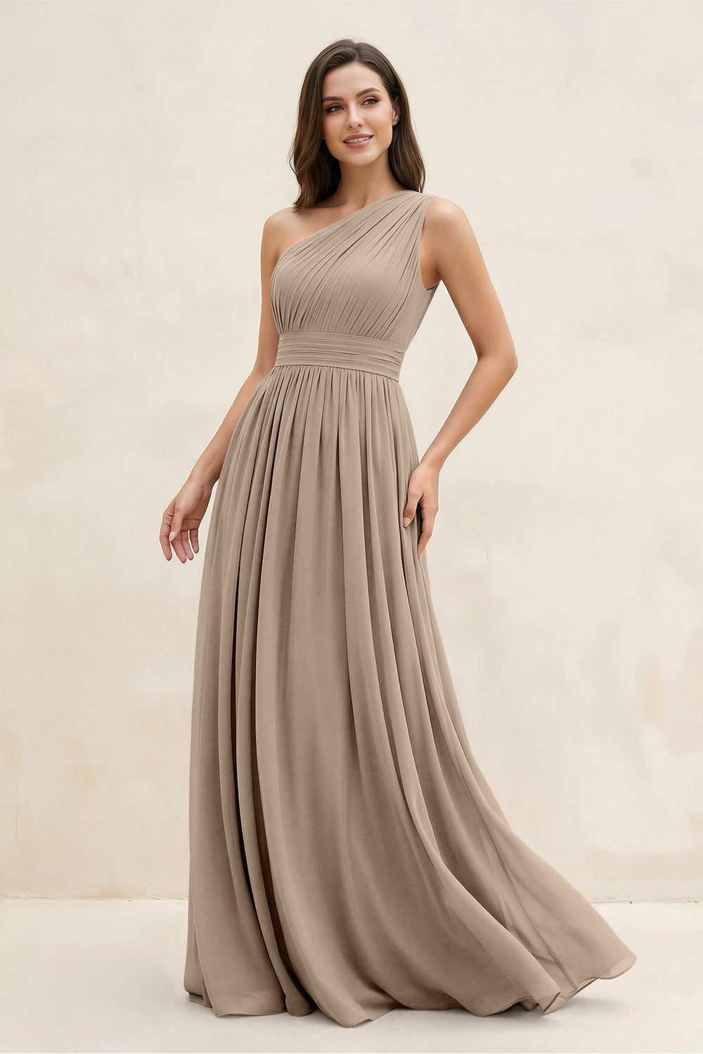 One-Shoulder Pleated A-Line Chiffon Bridesmaid Dress in Almond