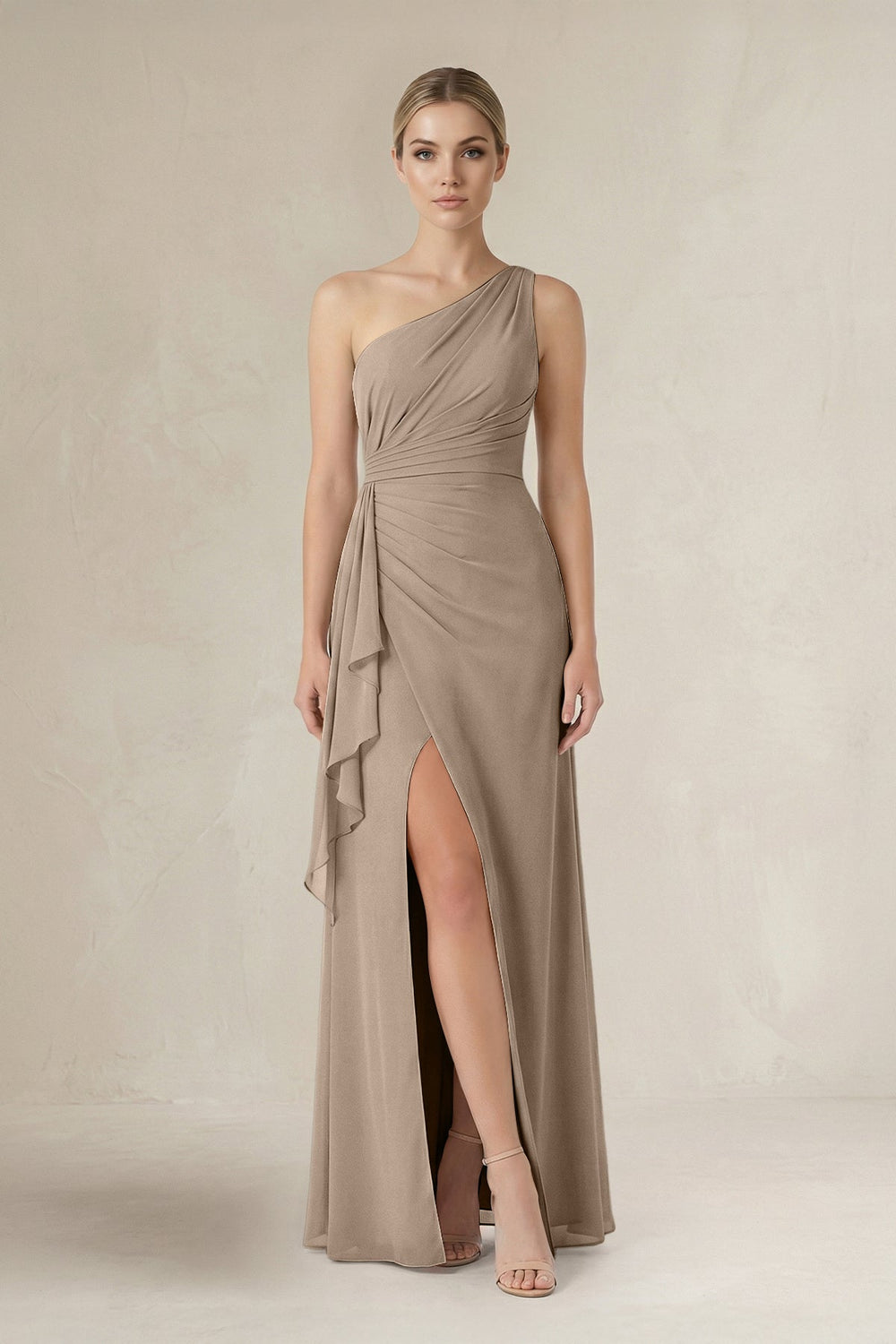 One-Shoulder Sheath Ruched Ruffled Bridesmaid Dress in Almond