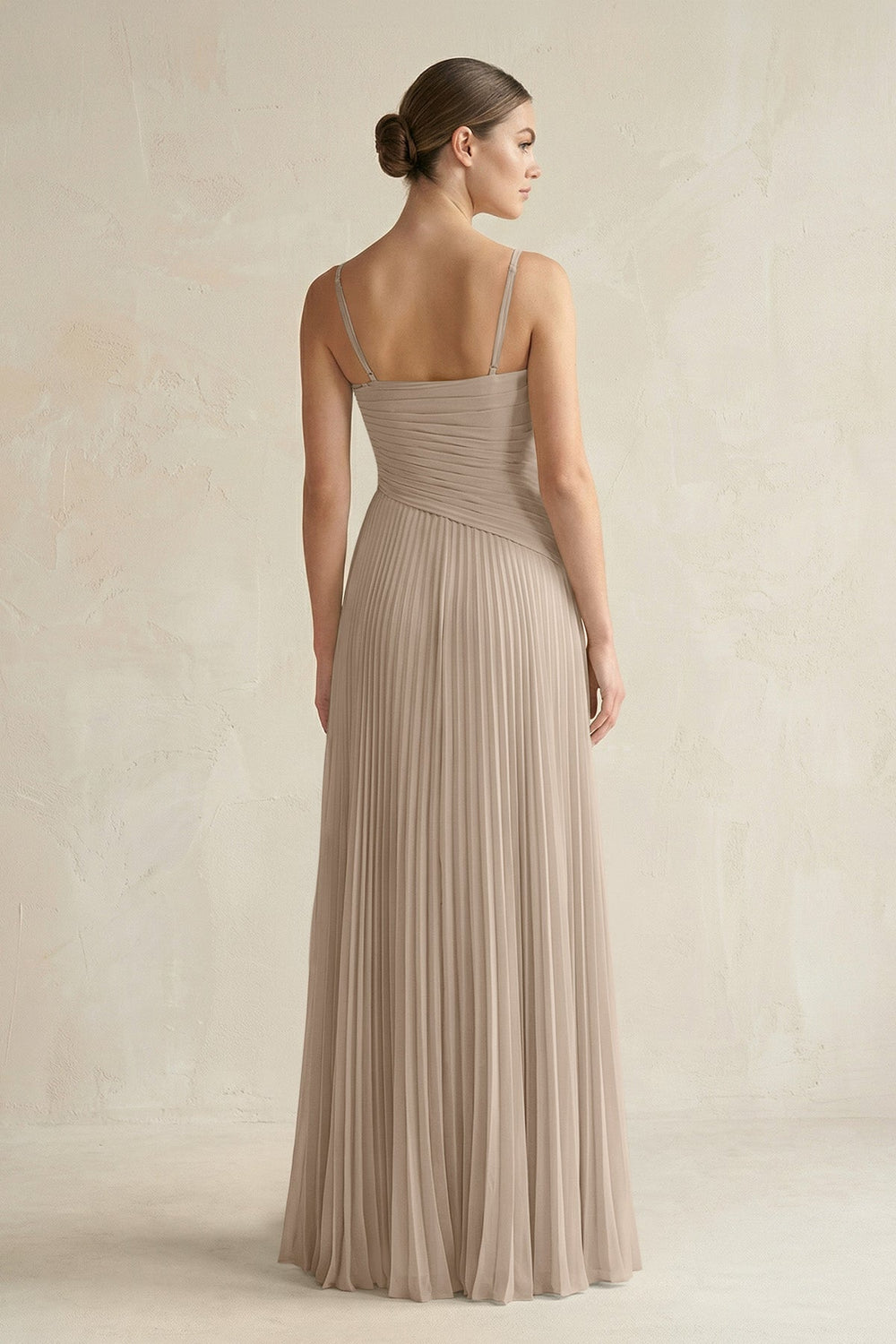 Pleated A-Line Long Chiffon Bridesmaid Dress in Almond