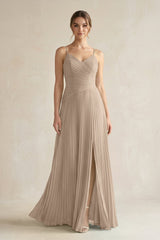 Almond Pleated A-Line Long Chiffon Bridesmaid Dress | KISSBRIDAL