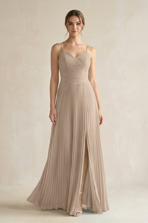 Almond Pleated A-Line Long Chiffon Bridesmaid Dress | KISSBRIDAL