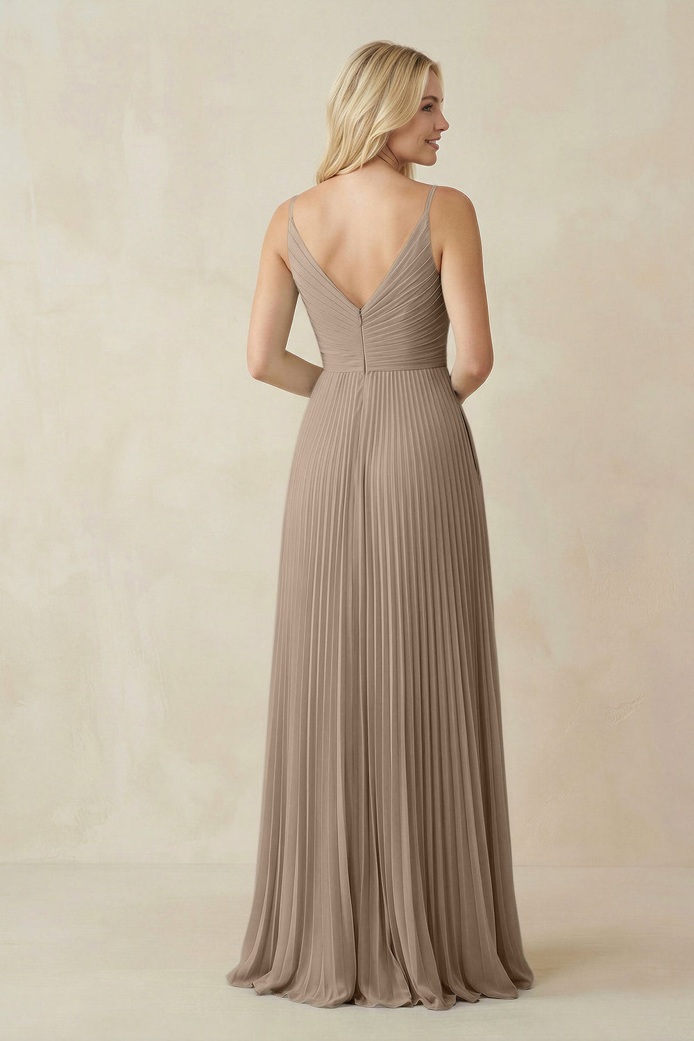 Pleated V-Neck A-Line Chiffon Bridesmaid Dress in Almond