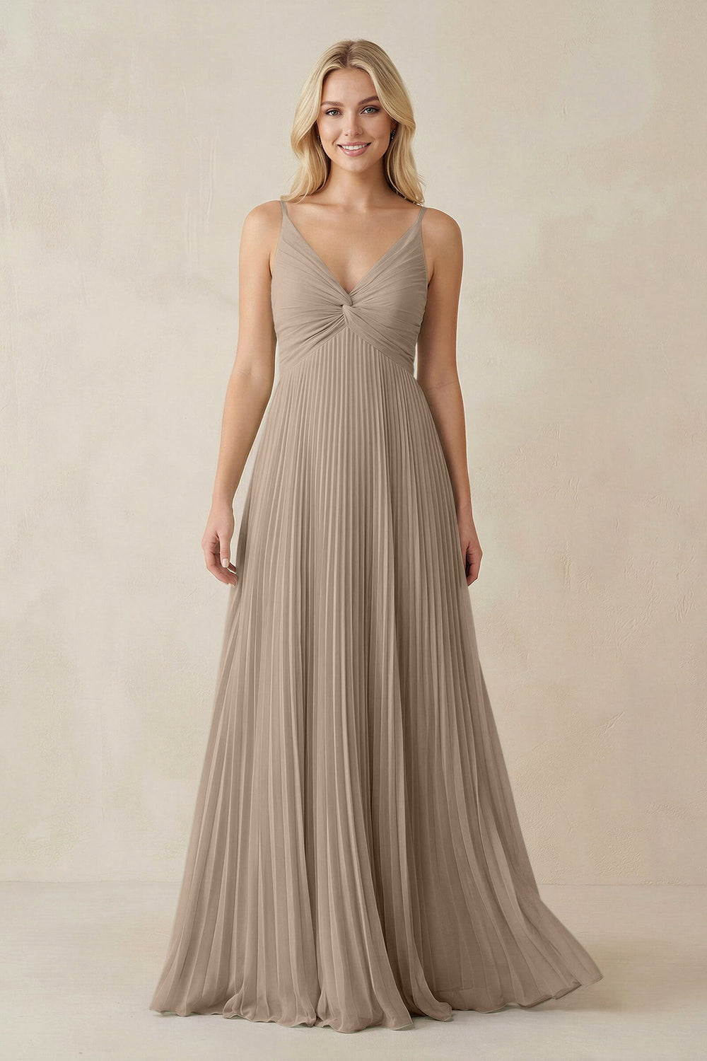 Pleated V-Neck A-Line Chiffon Bridesmaid Dress in Almond