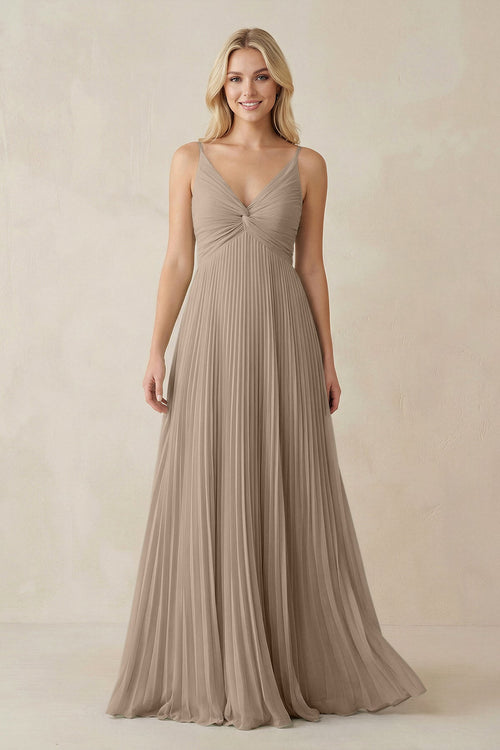 Almond Pleated V-Neck A-Line Chiffon Bridesmaid Dress | KISSBRIDAL