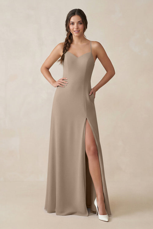 Almond Ruched Sheath Chiffon Bridesmaid Dress | KISSBRIDAL