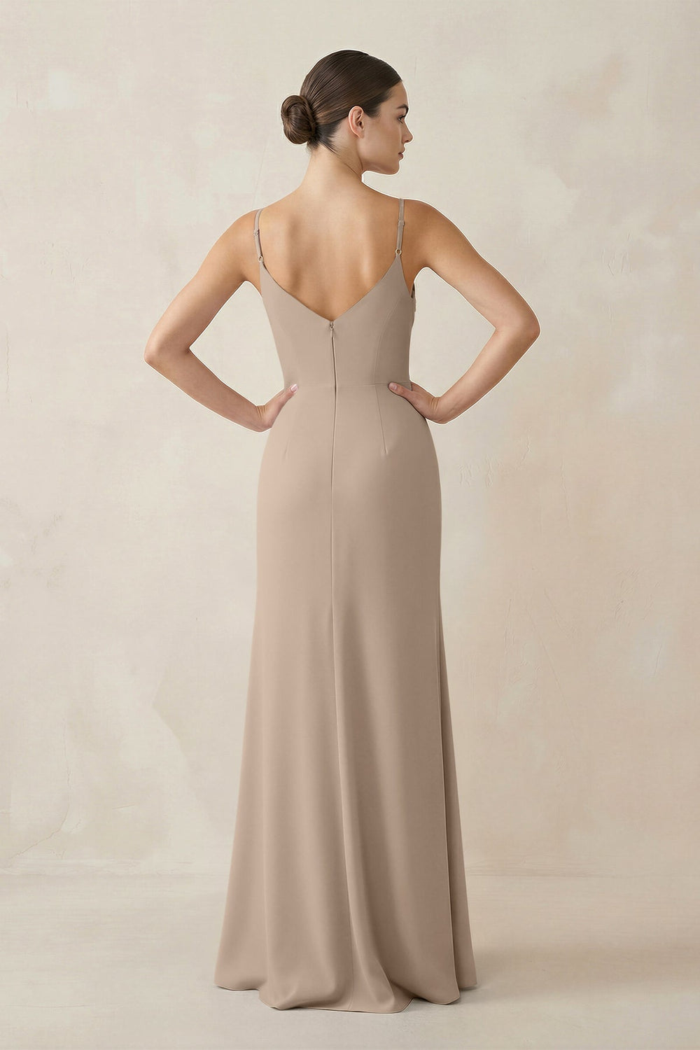 Ruched Sheath Spaghetti Strap Chiffon Bridesmaid Dress in Almond