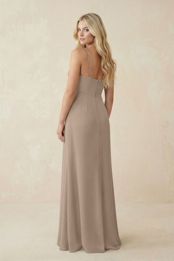 Almond Ruched Sheath Spaghetti Strap Chiffon Bridesmaid Dress (2) | KISSBRIDAL