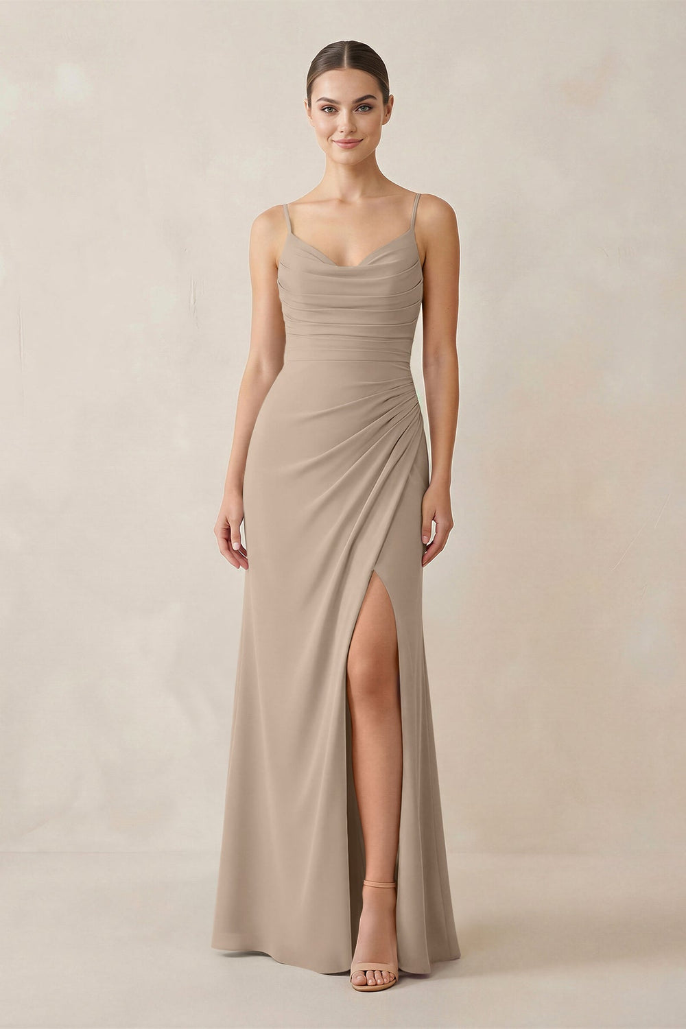Ruched Sheath Spaghetti Strap Chiffon Bridesmaid Dress in Almond