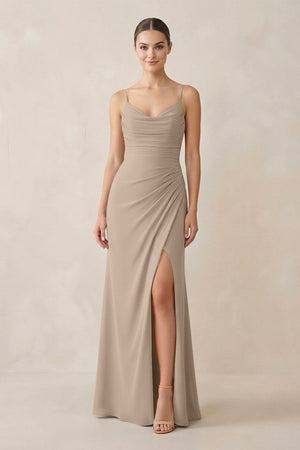 Almond Ruched Sheath Spaghetti Strap Chiffon Bridesmaid Dress | KISSBRIDAL