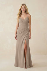 Almond Ruched Sheath Spaghetti Strap Chiffon Bridesmaid Dress | KISSBRIDAL
