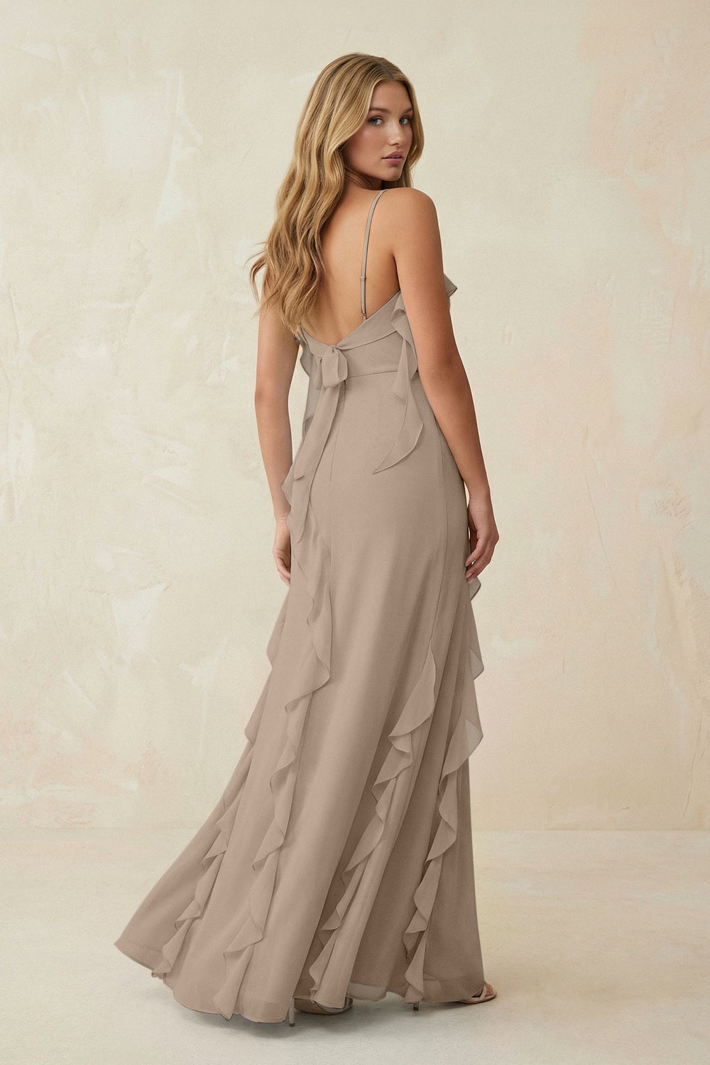 Ruffled Cami Strap Chiffon Sheath Bridesmaid Dress in Almond