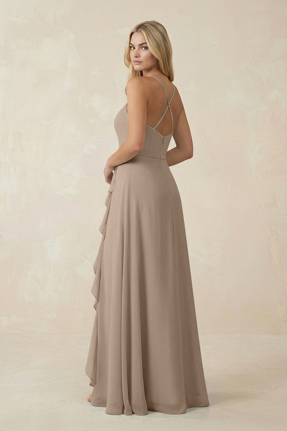 Ruffled Hem A-Line Chiffon Bridesmaid Dress in Almond