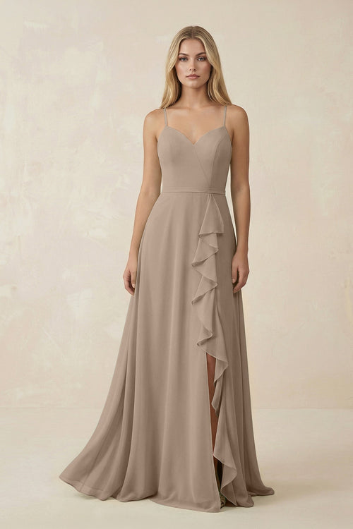 Almond Ruffled Hem A-Line Chiffon Bridesmaid Dress | KISSBRIDAL
