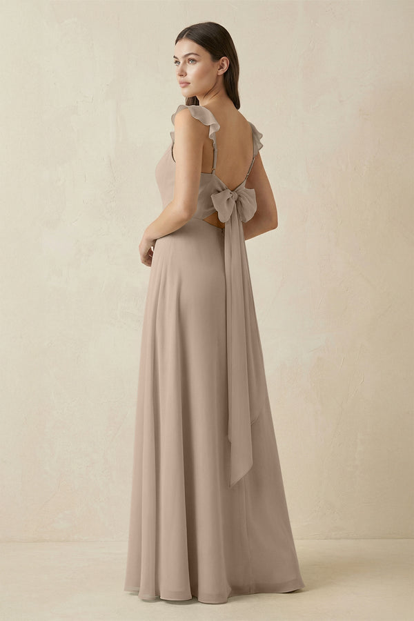 Almond Ruffled Sleeve A-Line Chiffon Bridesmaid Dress (2) | KISSBRIDAL