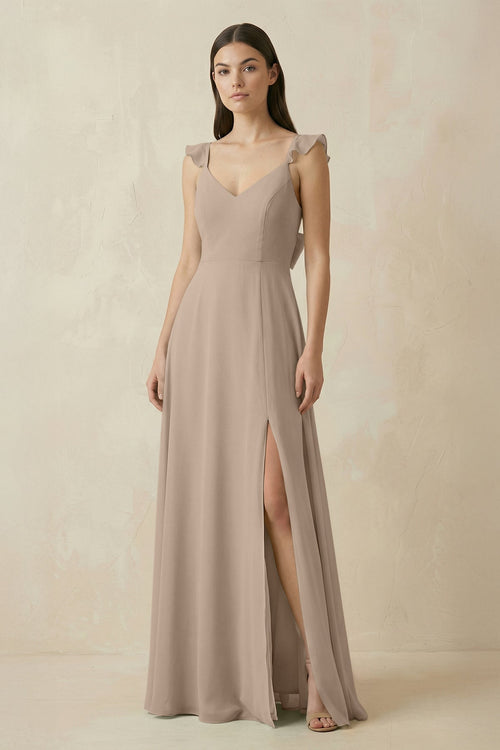 Almond Ruffled Sleeve A-Line Chiffon Bridesmaid Dress | KISSBRIDAL
