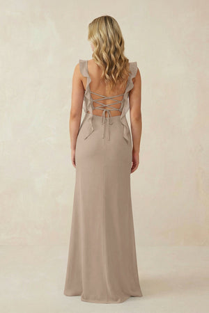 Almond Ruffled Sleeve Ruched Sheath Chiffon Bridesmaid Dress (2) | KISSBRIDAL