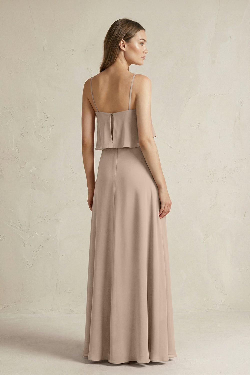 Ruffled Spaghetti Strap A-Line Chiffon Bridesmaid Dress in Almond