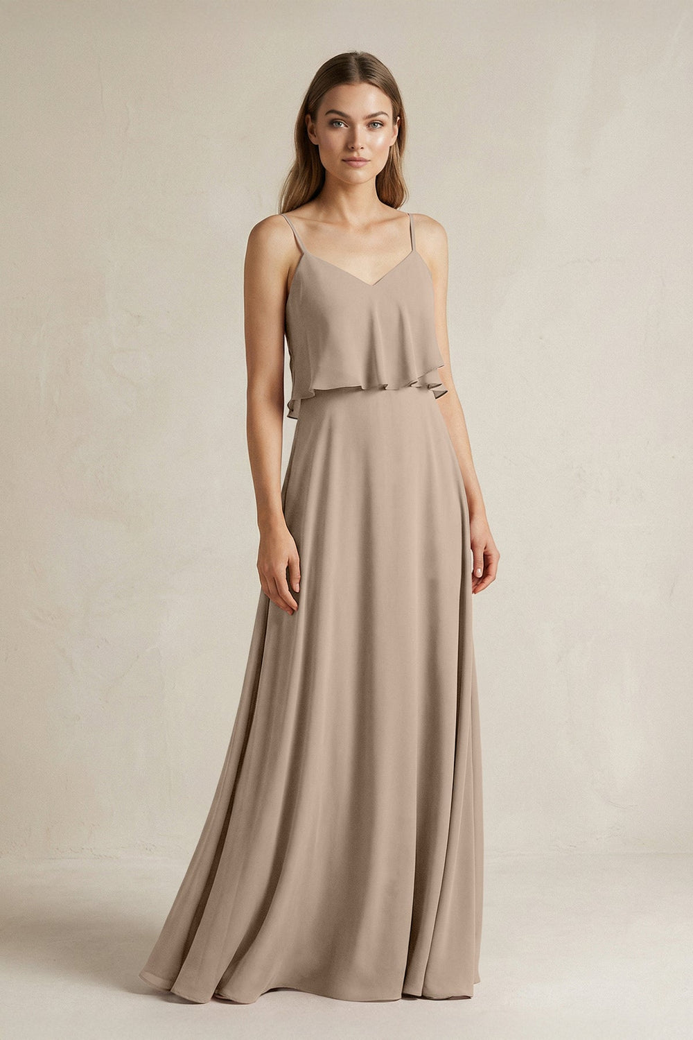 Ruffled Spaghetti Strap A-Line Chiffon Bridesmaid Dress in Almond