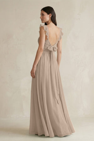 Almond Ruffled Spaghetti Strap Chiffon A-Line Bridesmaid Dress (2) | KISSBRIDAL
