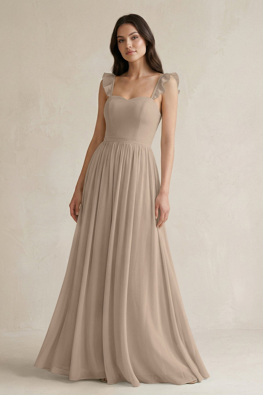 Ruffled Spaghetti Strap Chiffon A-Line Bridesmaid Dress in Almond