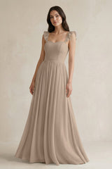 Almond Ruffled Spaghetti Strap Chiffon A-Line Bridesmaid Dress | KISSBRIDAL
