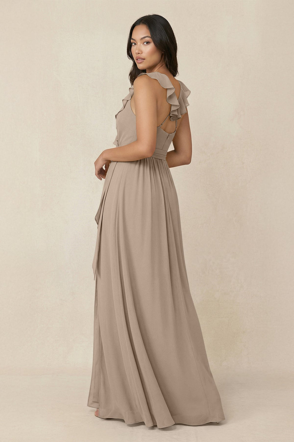 Ruffled V-Neck A-Line Chiffon Bridesmaid Dress in Almond