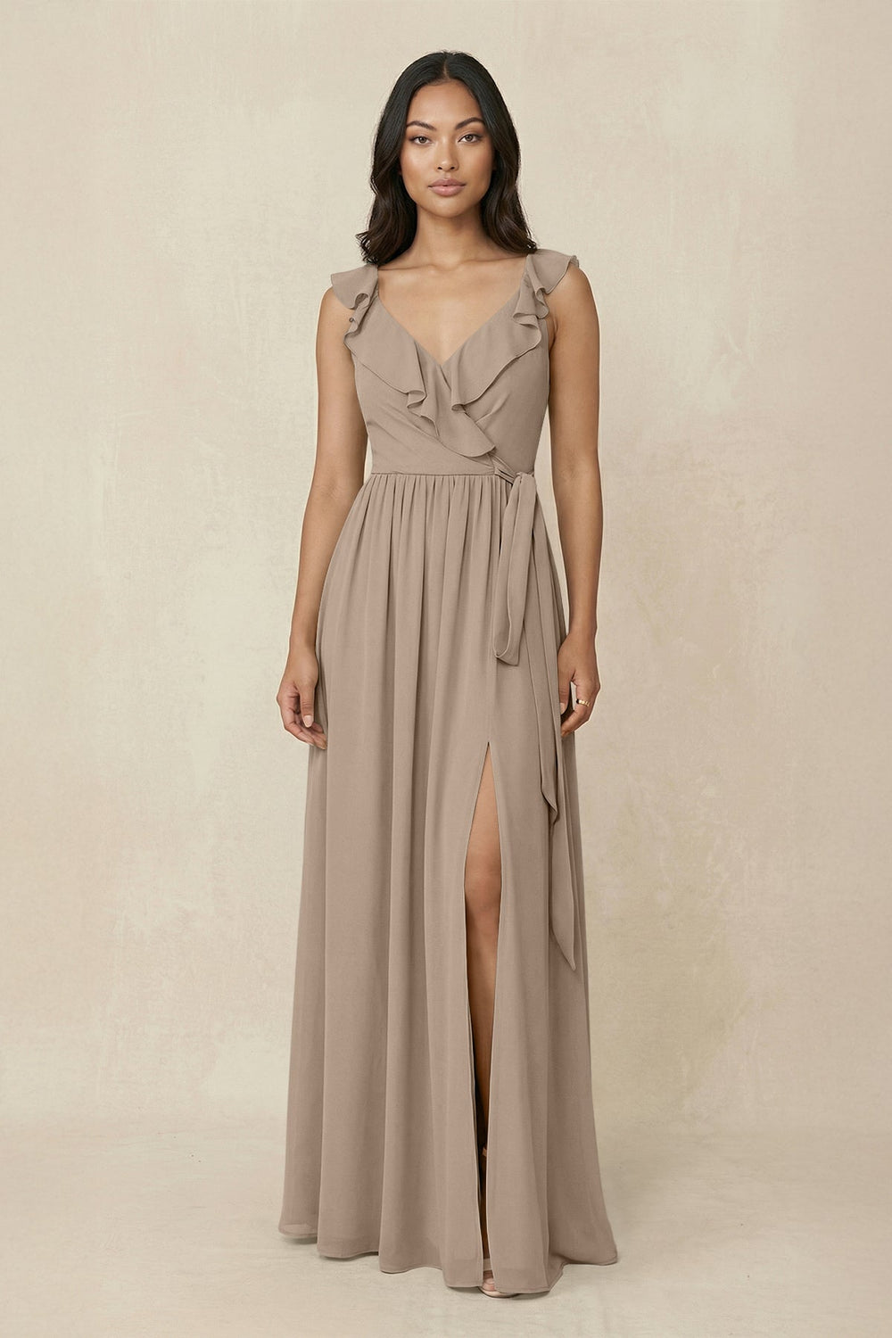 Ruffled V-Neck A-Line Chiffon Bridesmaid Dress in Almond