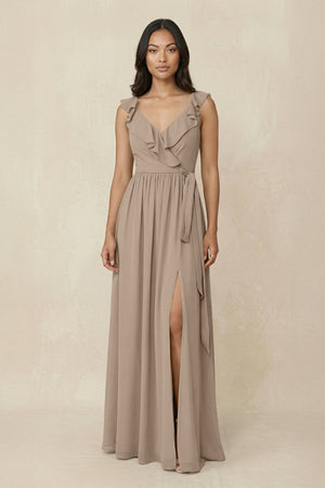 Almond Ruffled V-Neck A-Line Chiffon Bridesmaid Dress | KISSBRIDAL