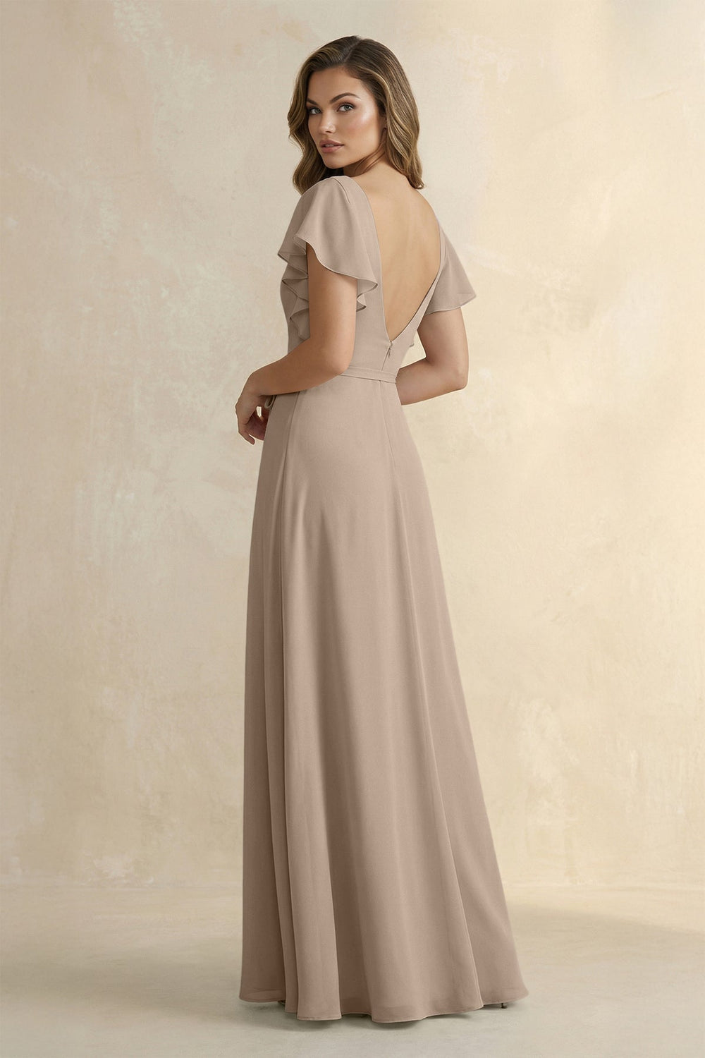 Ruffled V-Neck Chiffon A-Line Bridesmaid Dress in Almond