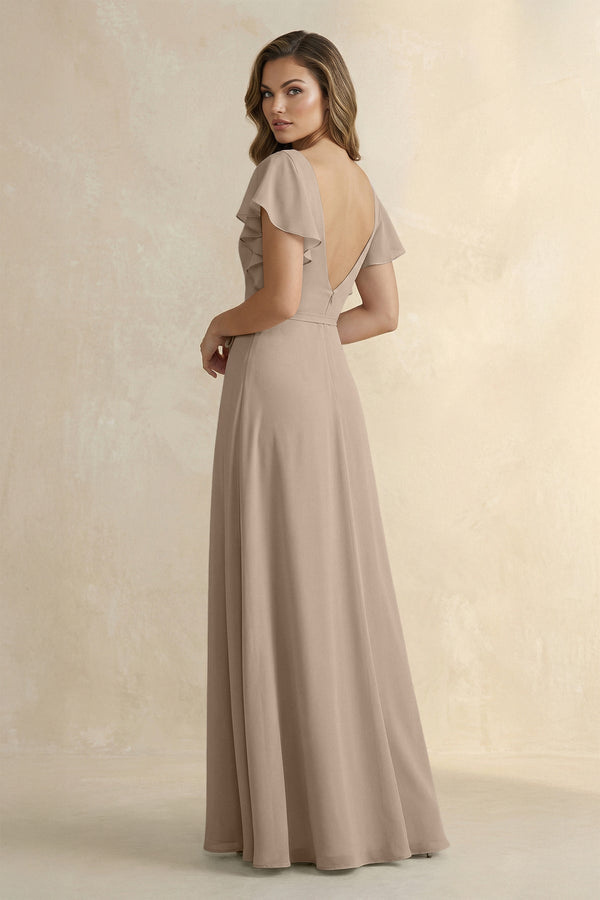 Almond Ruffled V-Neck Chiffon A-Line Bridesmaid Dress (2) | KISSBRIDAL