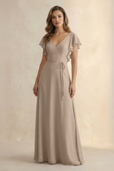 Almond Ruffled V-Neck Chiffon A-Line Bridesmaid Dress | KISSBRIDAL