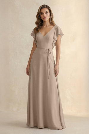 Almond Ruffled V-Neck Chiffon A-Line Bridesmaid Dress | KISSBRIDAL