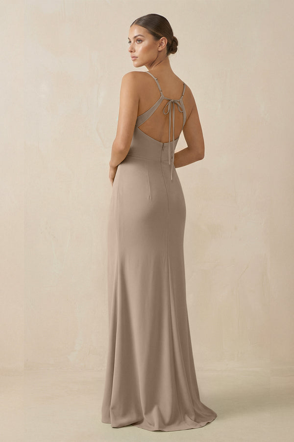 Almond Sheath Spaghetti Straps Chiffon Long Bridesmaid Dress (2) | KISSBRIDAL