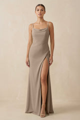 Almond Sheath Spaghetti Straps Chiffon Long Bridesmaid Dress | KISSBRIDAL