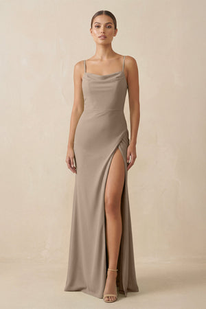 Almond Sheath Spaghetti Straps Chiffon Long Bridesmaid Dress | KISSBRIDAL