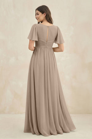 Almond Short Sleeve Chiffon V-Neck A-Line Bridesmaid Dress (2) | KISSBRIDAL