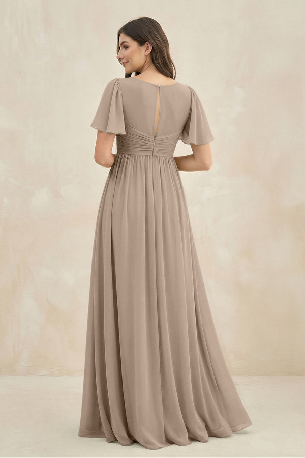 Almond Short Sleeve Chiffon V-Neck A-Line Bridesmaid Dress (2) | KISSBRIDAL