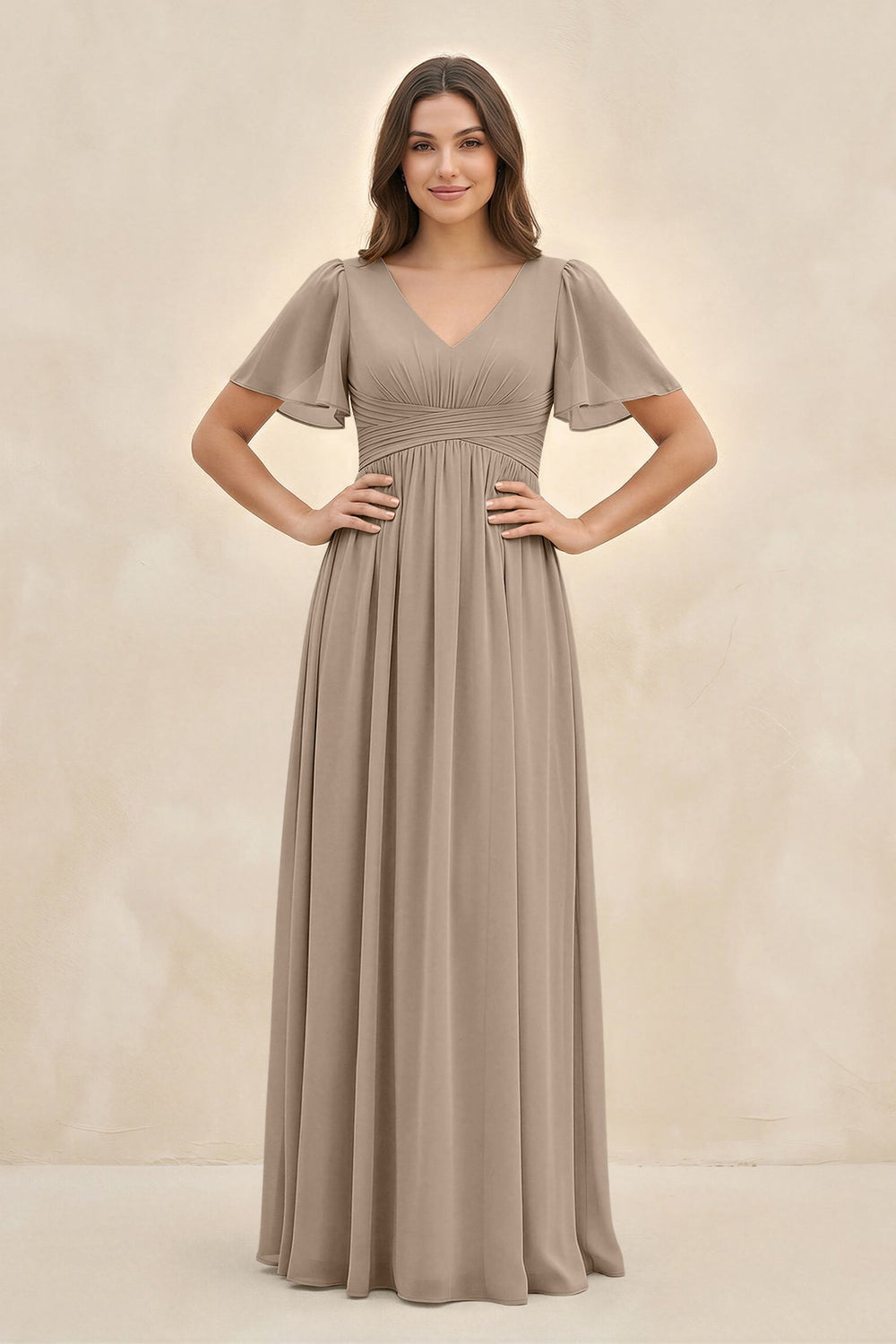 Short Sleeve Chiffon V-Neck A-Line Bridesmaid Dress in Almond