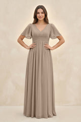 Almond Short Sleeve Chiffon V-Neck A-Line Bridesmaid Dress | KISSBRIDAL