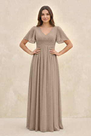Almond Short Sleeve Chiffon V-Neck A-Line Bridesmaid Dress | KISSBRIDAL