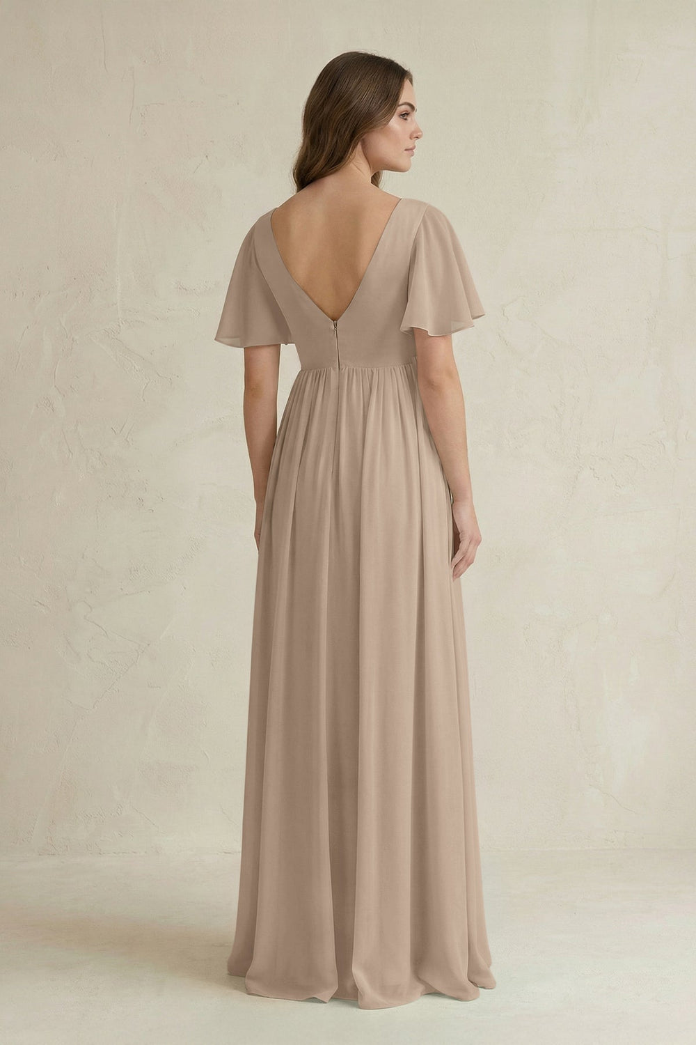 Short Sleeve V-Neck A-Line Chiffon Bridesmaid Dress in Almond