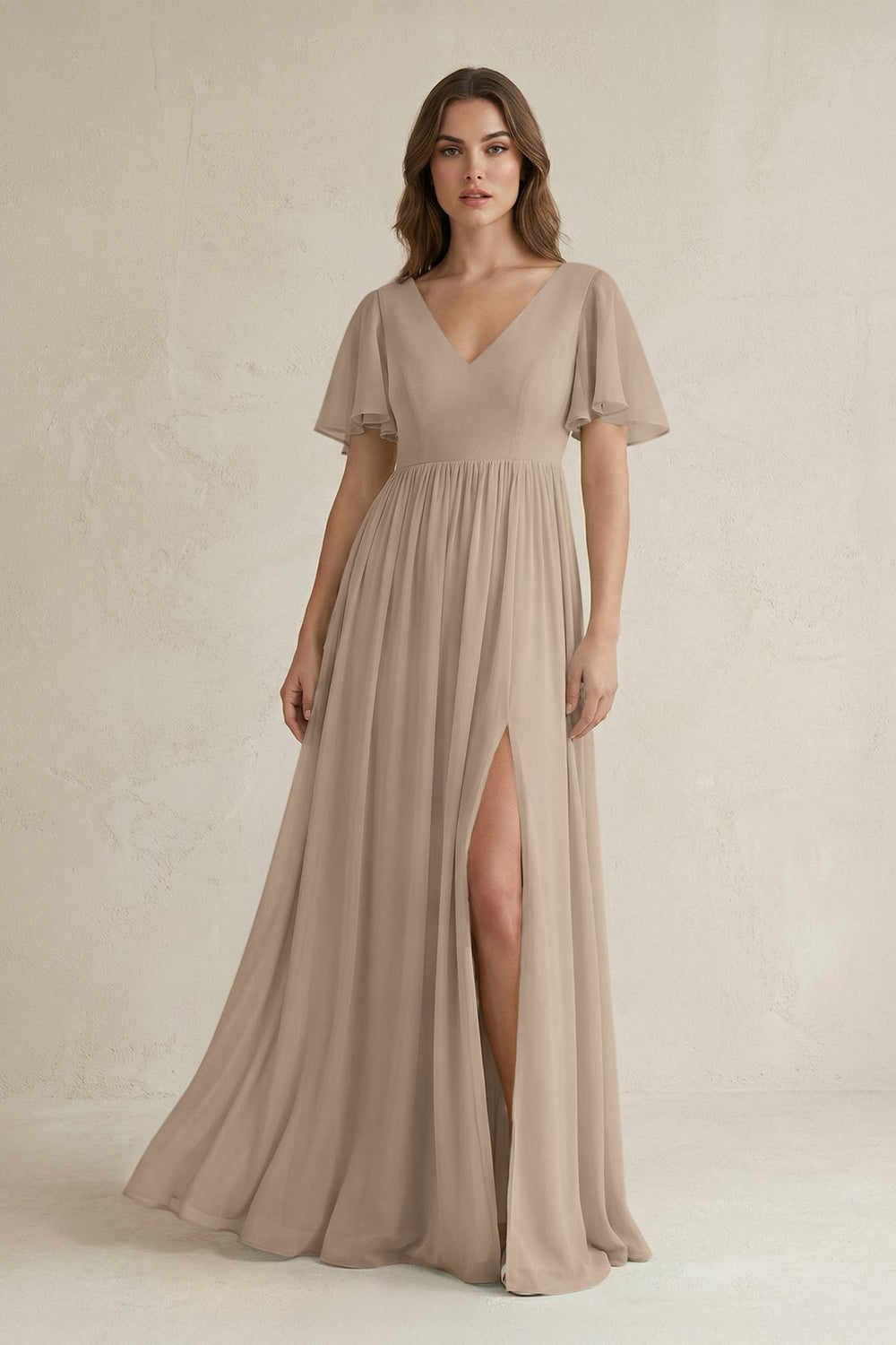 Short Sleeve V-Neck A-Line Chiffon Bridesmaid Dress in Almond