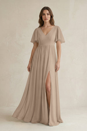 Almond Short Sleeve V-Neck A-Line Chiffon Bridesmaid Dress | KISSBRIDAL