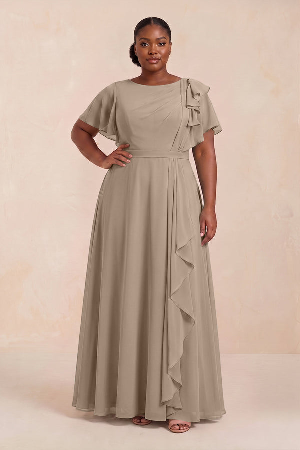 Almond Short Sleeves Bateau A-Line Chiffon Bridesmaid Dress (3) [sizeplus] | KISSBRIDAL