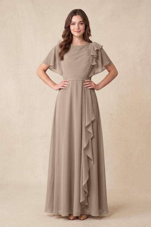 Almond Short Sleeves Bateau A-Line Chiffon Bridesmaid Dress | KISSBRIDAL