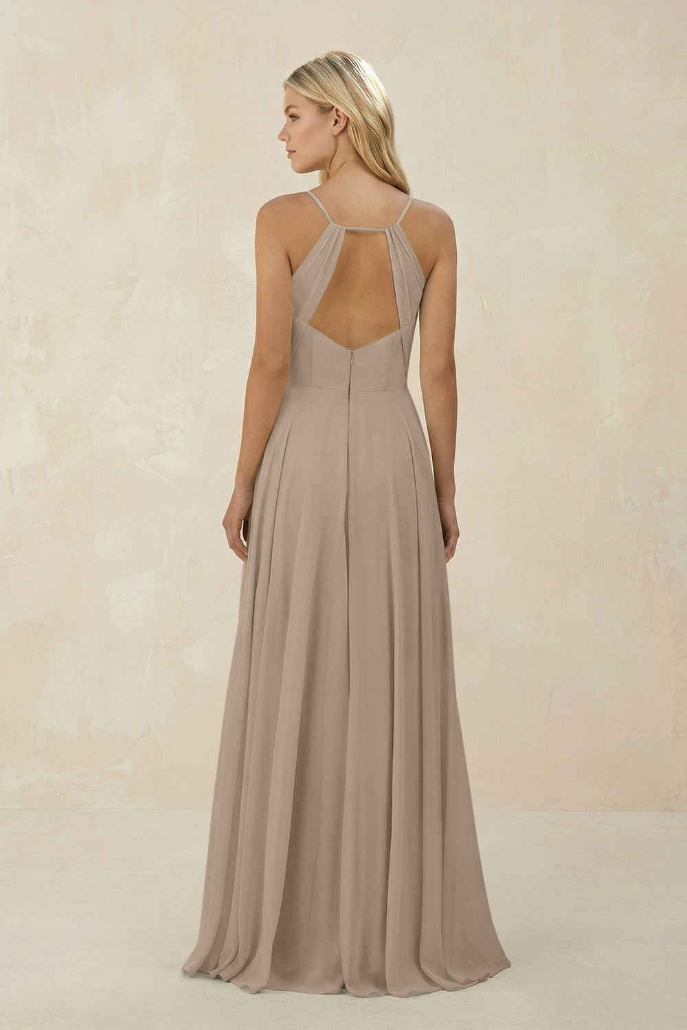 Spaghetti Strap A-Line Chiffon Bridesmaid Dress in Almond
