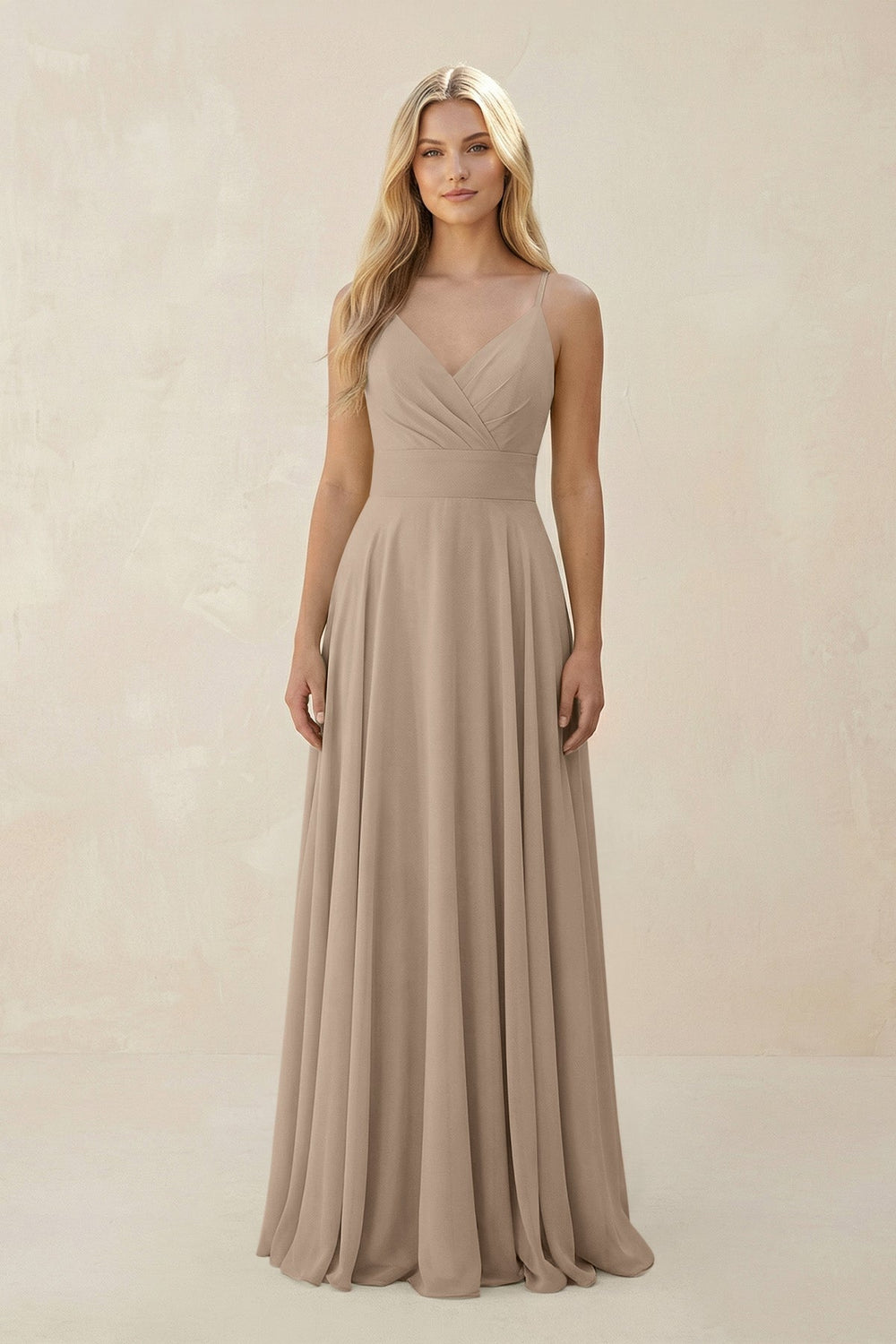 Spaghetti Strap A-Line Chiffon Bridesmaid Dress in Almond